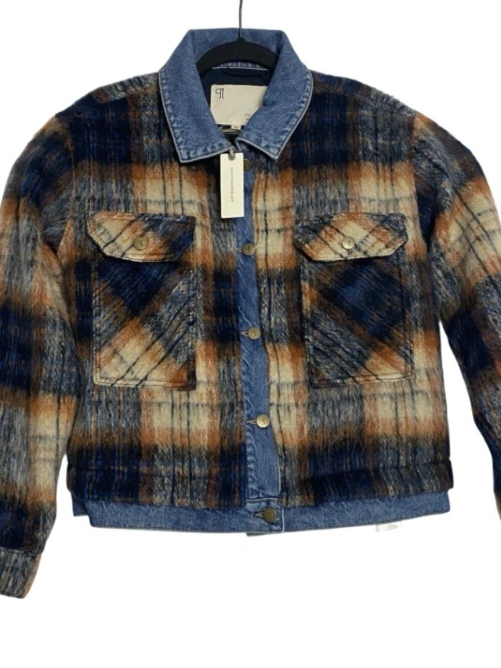 NWT Pilcro by Anthropologie Plaid Denim Mix Button Up Jacket Coat Size Small